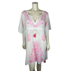 Madison Mathews Embroidered Coverup Dress O/S White Pink Tassel Batwing Kaftan